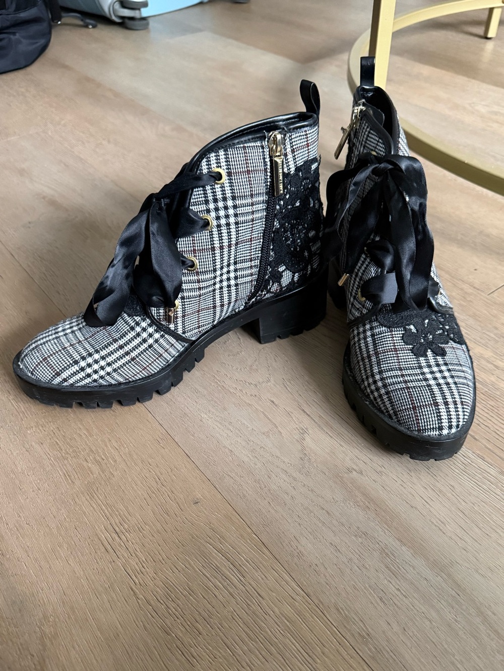 Karl Lagerfeld Black & White Plaid Lace-Up Ankle Boots